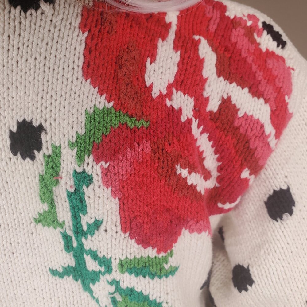 American Vintage Red Rose Polka Dot Print White Chunky Cardigan Grandma Cotton M - Picture 11 of 11
